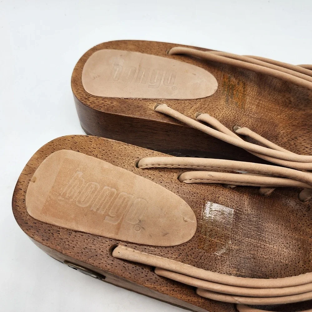 Bongo Vintage Y2K Wooden Platform Sandals Women's 8M Tan Leather Strappy Wedge
